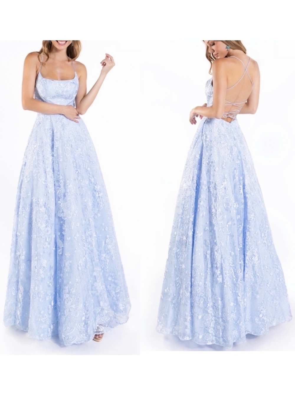 Lucci Lu Embroidered Tulle Sequin Prom Dress Ball Gown Lace Up Pockets Blue 12
